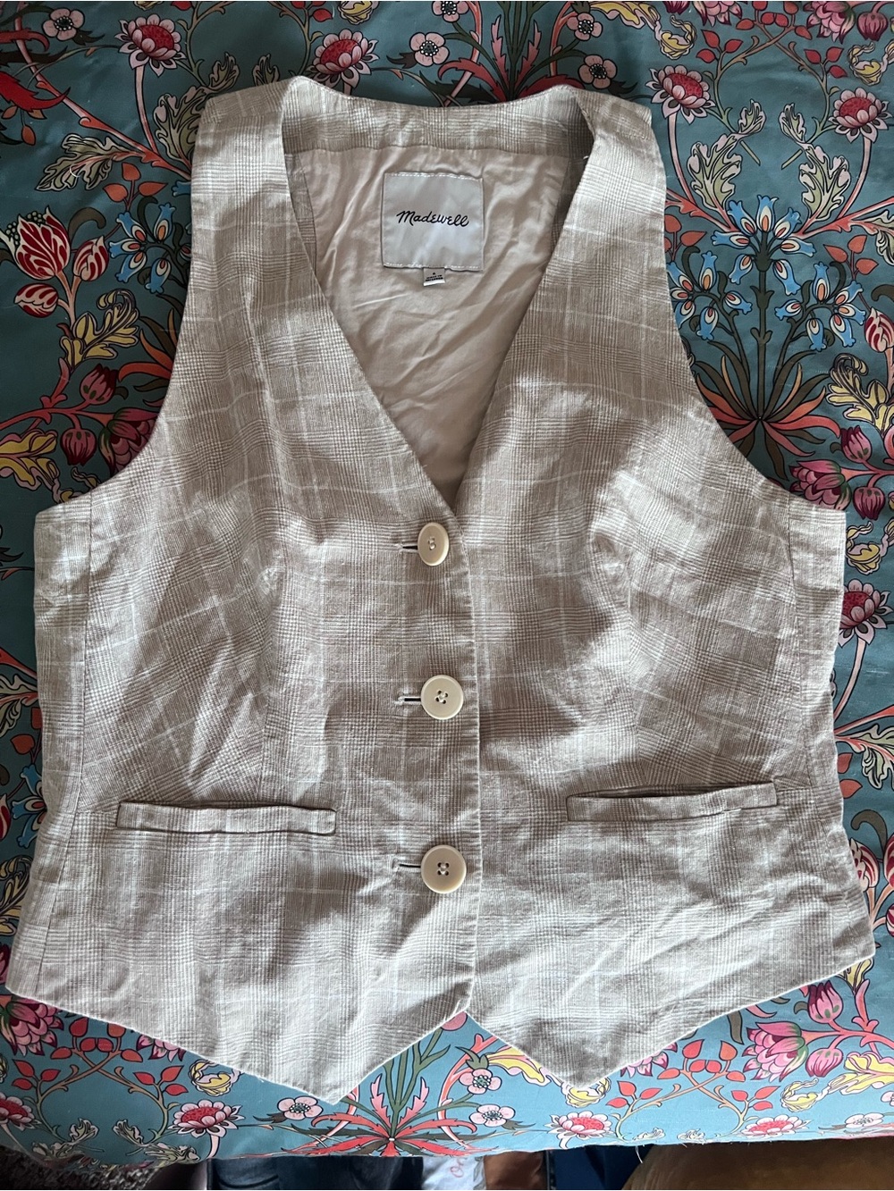 Madewell Cream Plaid Linen-Blend Button Vest